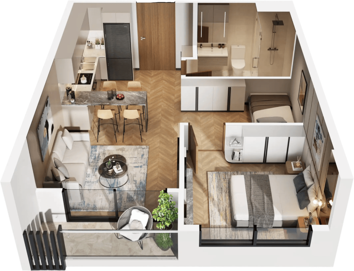 Mẫu Căn hộ 1 Phòng ngủ + tại phân khu The Wave Masteri Grand Coast