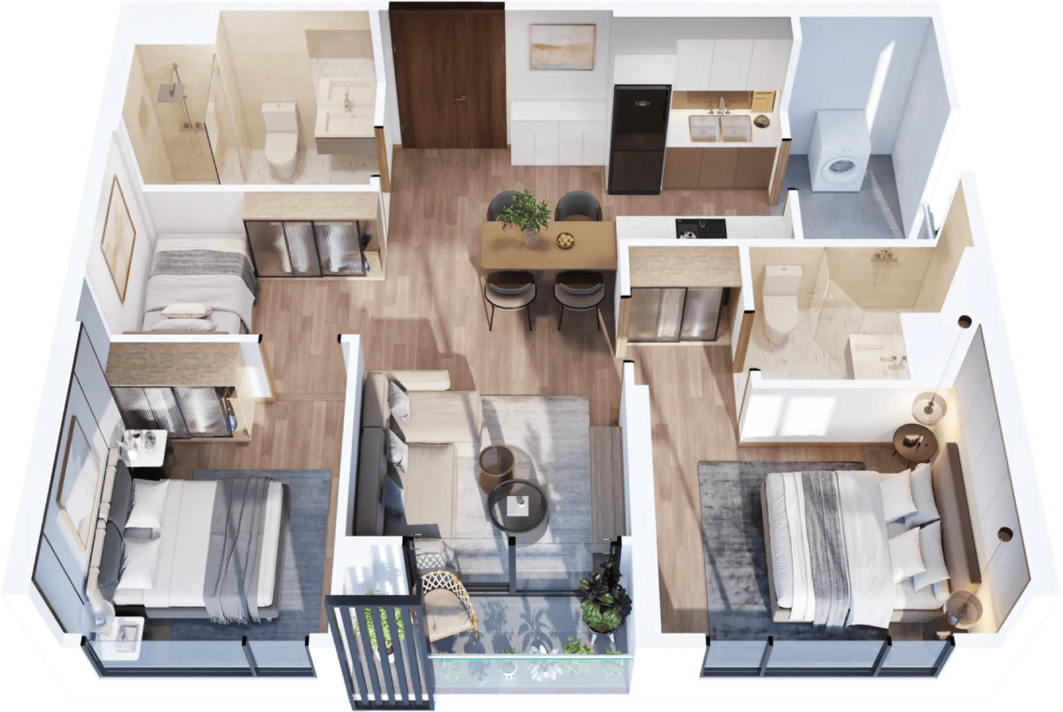 Mẫu Căn hộ 2 Phòng ngủ + tại phân khu The Wave Masteri Grand Coast